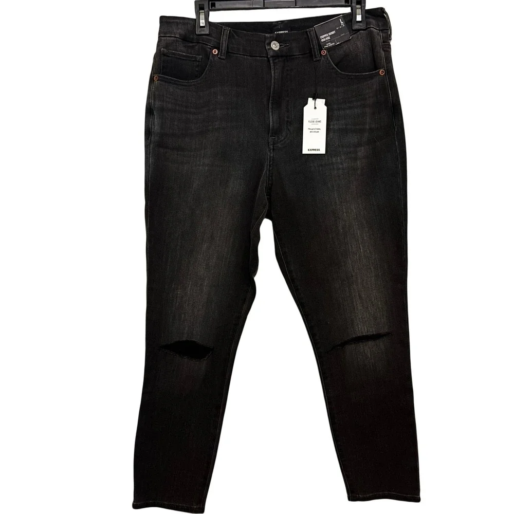 Express Women's FlexX Jeans Large NWT High Rise Cropped Skinny‎ Black Distressed